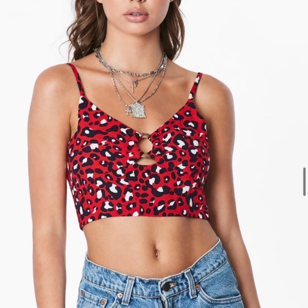 NWT LF Animal Print Crop Top Front Cut Out Red Black and White size Small